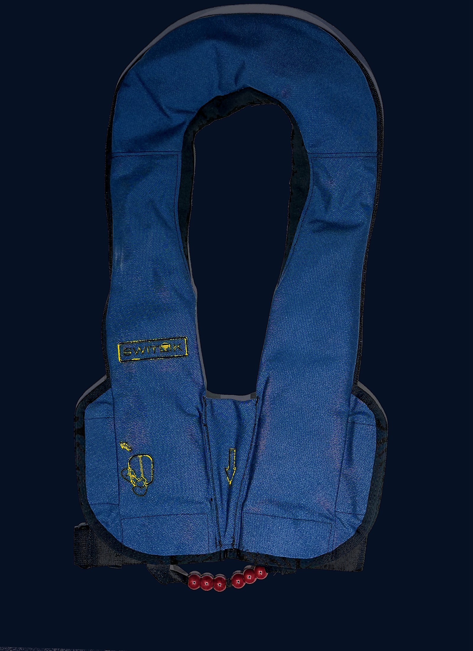 Switlik TSO-C13f constant-wear aviation life vest, deflated, red beaded activation handle visible